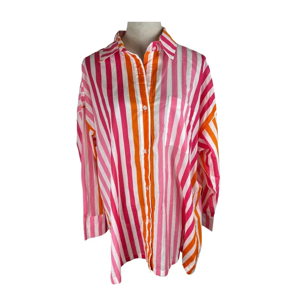 Beach Riot Pink Orange Striped Oversized Cotton Button Down‎ Shirt Womens L/XL